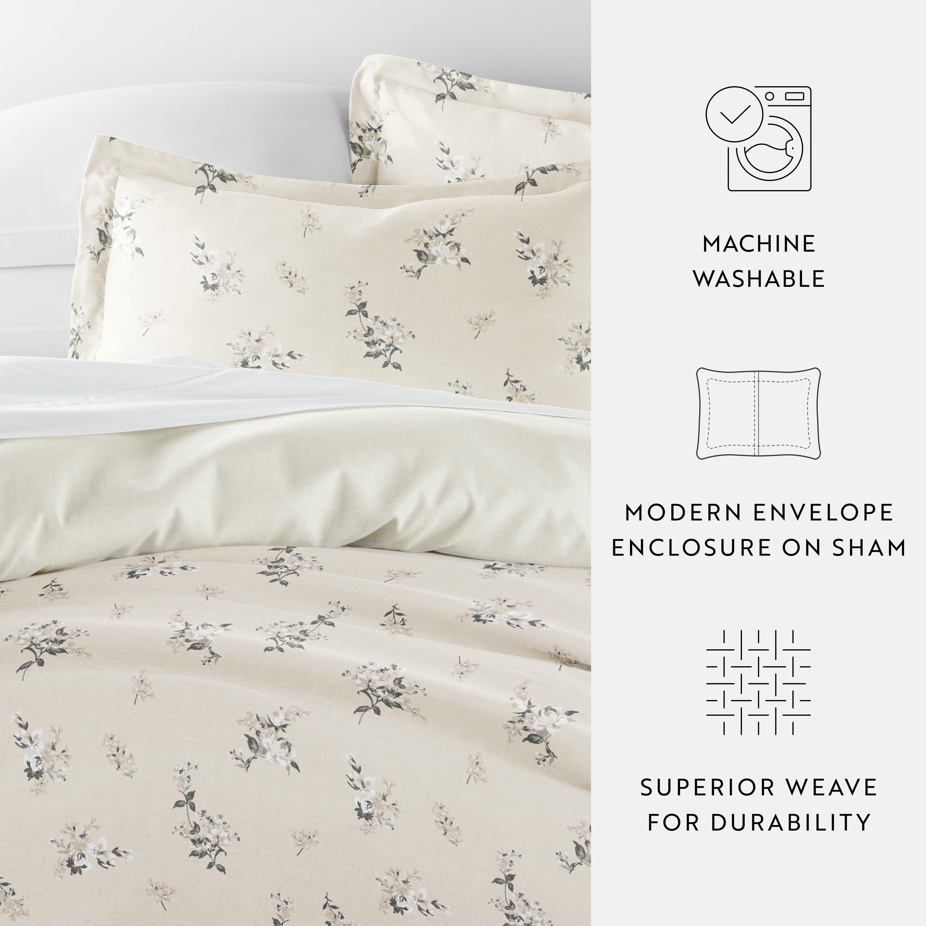 Noble Linens Delicate Floral Ivory 3-Piece Patterned Duvet Cover Set, King