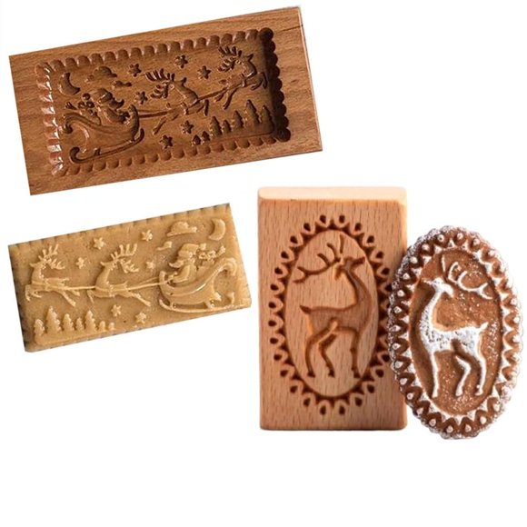 Moule à Biscuits en Bois de Noël Moule à Pâtisserie en Bois - Forme de Traîneau Père Noël Renne pour Gâteau Fondant Presse Tampon Embossé Décoration de Gâteau gadgets de Cuisine Sculptés de Noël (Cerf & Traîneau)