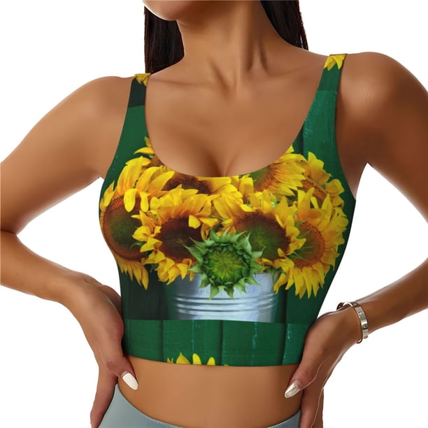 Balery Sunflowers in Bucket Sujetadores deportivos con espalda cruzada para mujer, acolchados, sin costuras, de alto impacto, ideales para yoga, gimnasio, entrenamiento y fitness.-Small