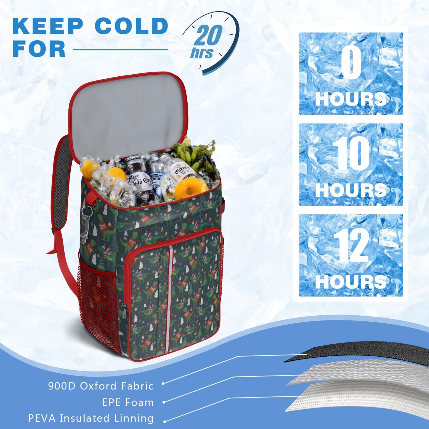 Travel Cooler Bag - Green Christmas Dinosaur and Snowman Pattern Camping Beer Cooler Backpack with Bottle Opener- Waterproof Insulated Picnic Backpacks - Cooler Bag for Beach