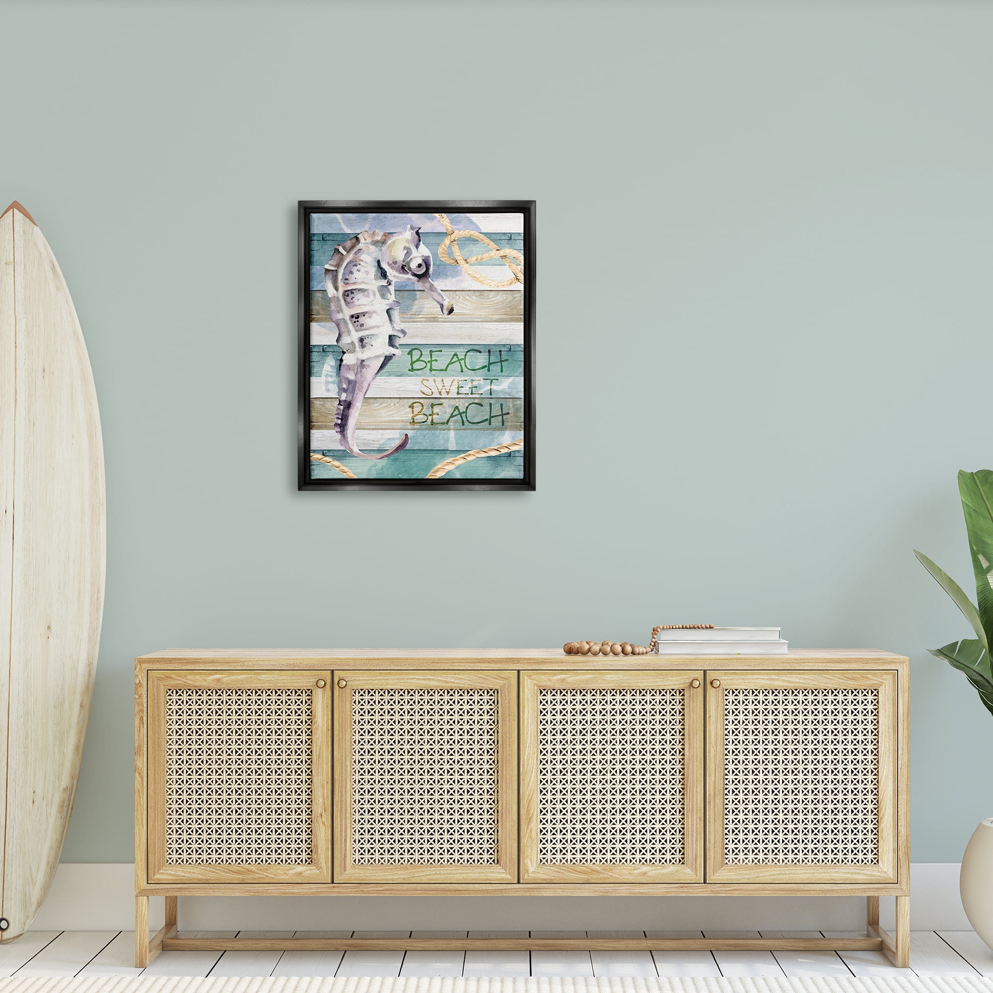 Stupell Sweet Beach Seahorse Nautical Rope Landscape Painting Black Floater Framed Art Print Wall Art