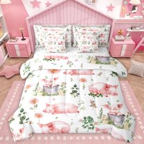 Homewish Pink Pig 7-Piece Twin Bedding Sets,Rustic Flower Daisy Bedding Comforter Set,Rustic Farmhouse Cabin Sheet Sets For Men Women,Microfiber Bedroom Decor Reversible