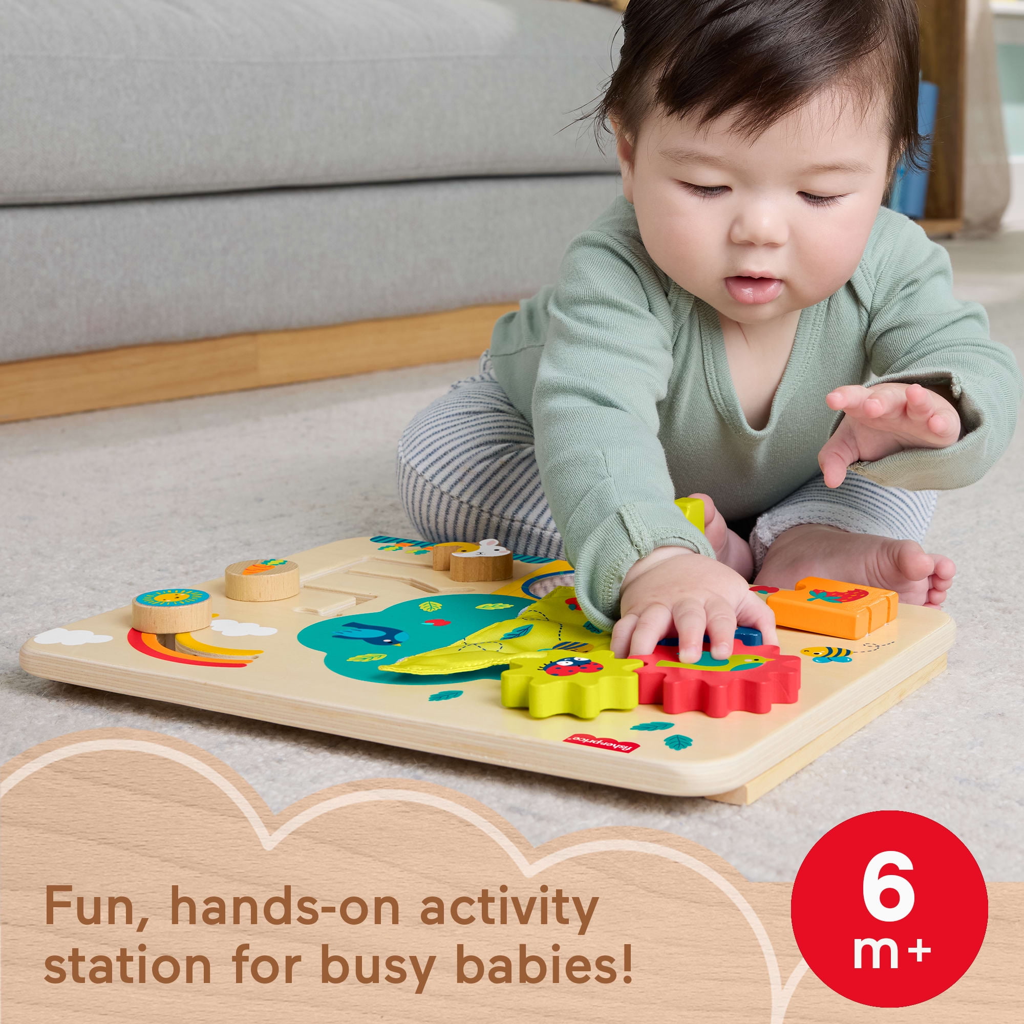Fisher-Price Wooden Activity Station Baby Busy Board Toy for Developmental Play, 6 Months +