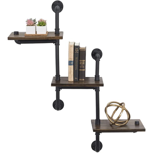 3-Tier Wooden Wall Ladder Floating Rustic Shelf 35"x40" With Iron Black Pipe Hardware For Bedroom, Kitchen, Office