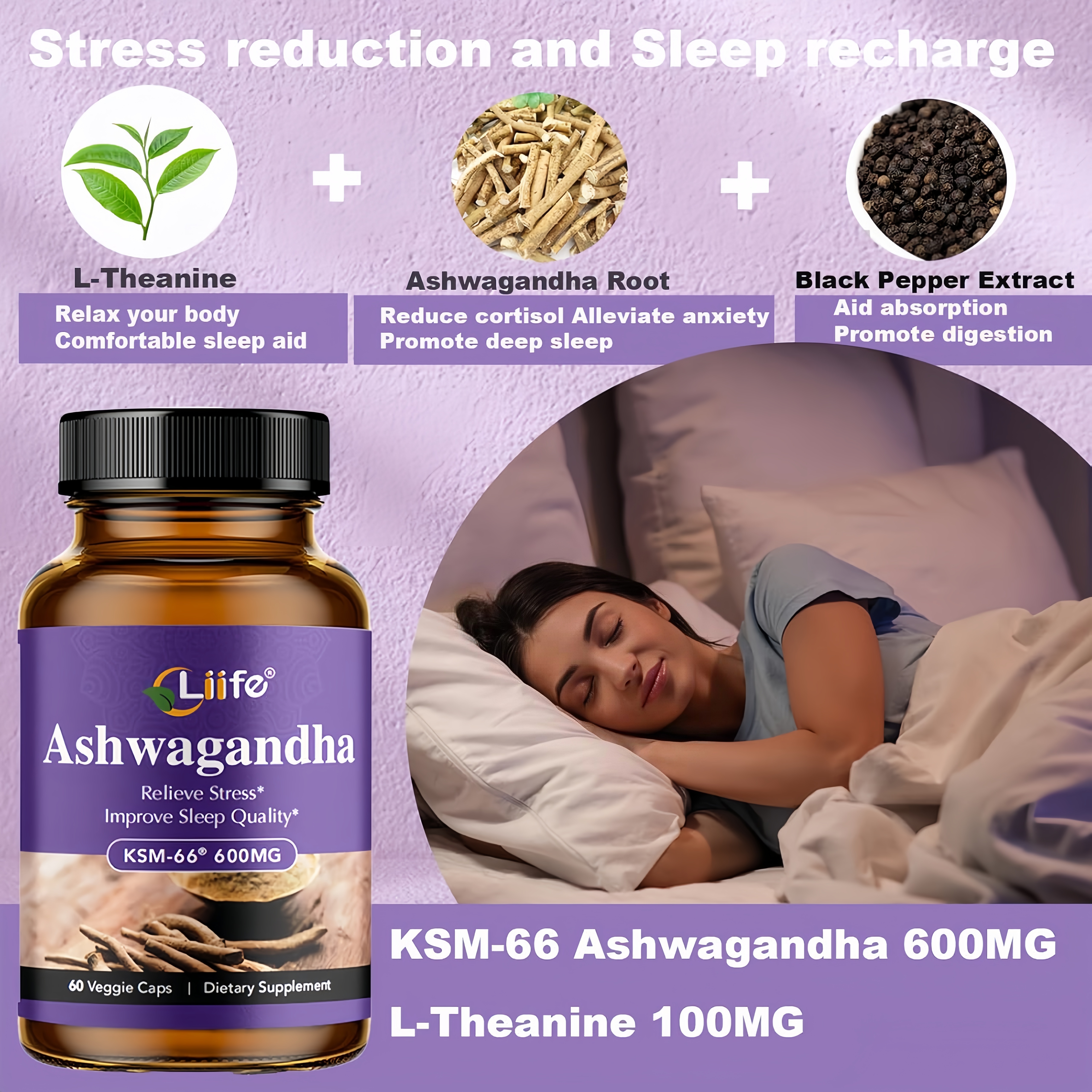 Liife KSM-66 Ashwagandha 600mg | with L-Theanine &Black Pepper| 60 Veggie Capsules | Calm,Support Restful Sleep, Relaxation, Energy, & Brain Health
