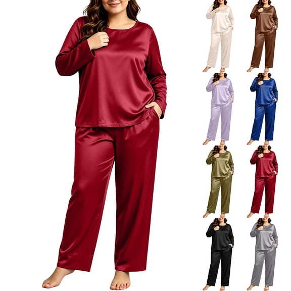 NominalSnug Plus Size Satin Pajamas for Women Round Neck Long Sleeve Top Wide Leg Pants with Pockets Comfy Sleepwear