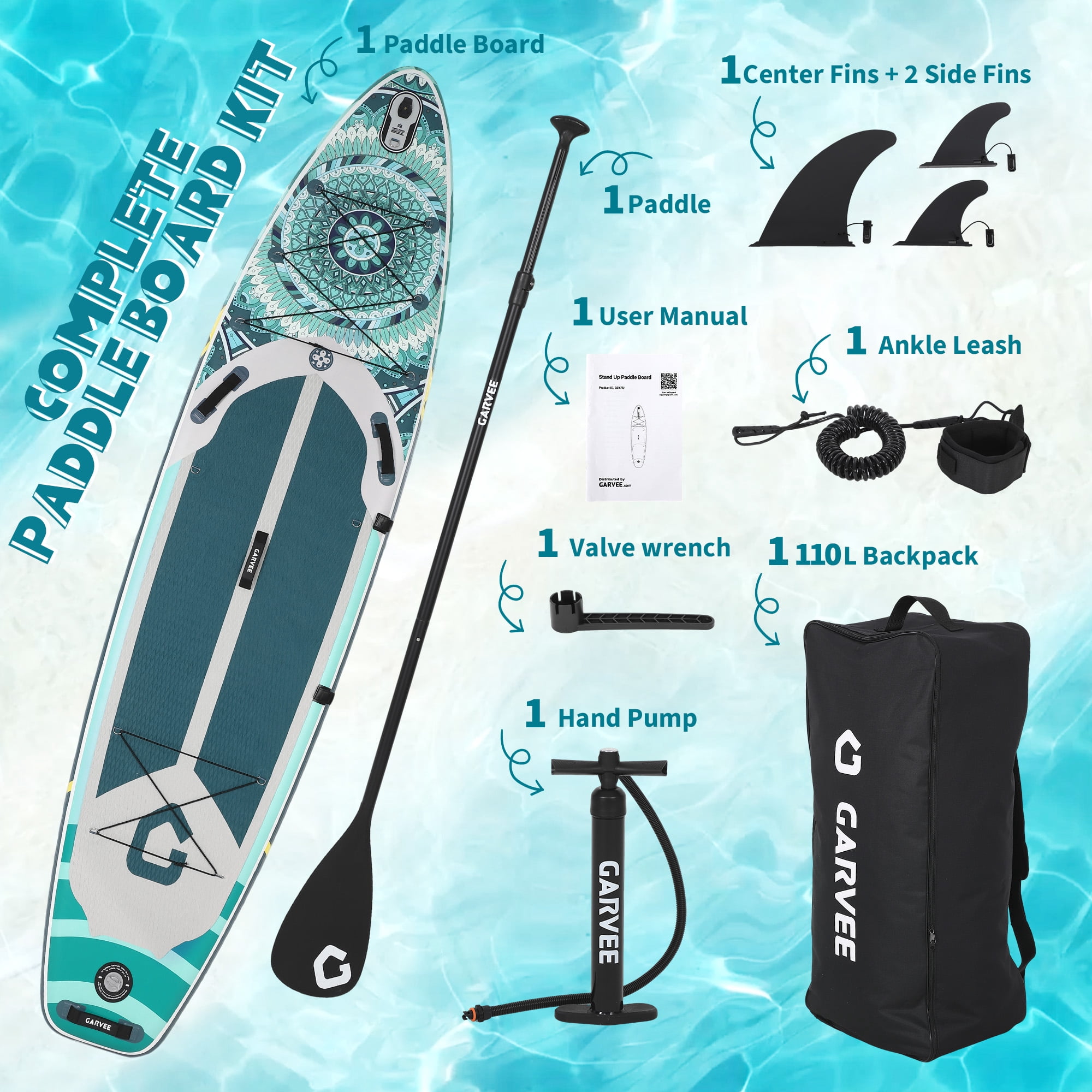 Bohemian Inflatable Stand Up Paddle Board with Accessories, EVA Non-Slip Deck, 3 Removable Fins, Adjustable Paddle, Pump, Leash & Backpack, All-Around iSUP for Adults & Youth, 11.5', Deep Green
