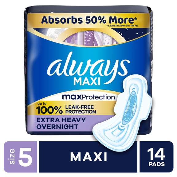 Always Maxi Pads Size 5, Extra Heavy Overnight with Wings, 14 Count