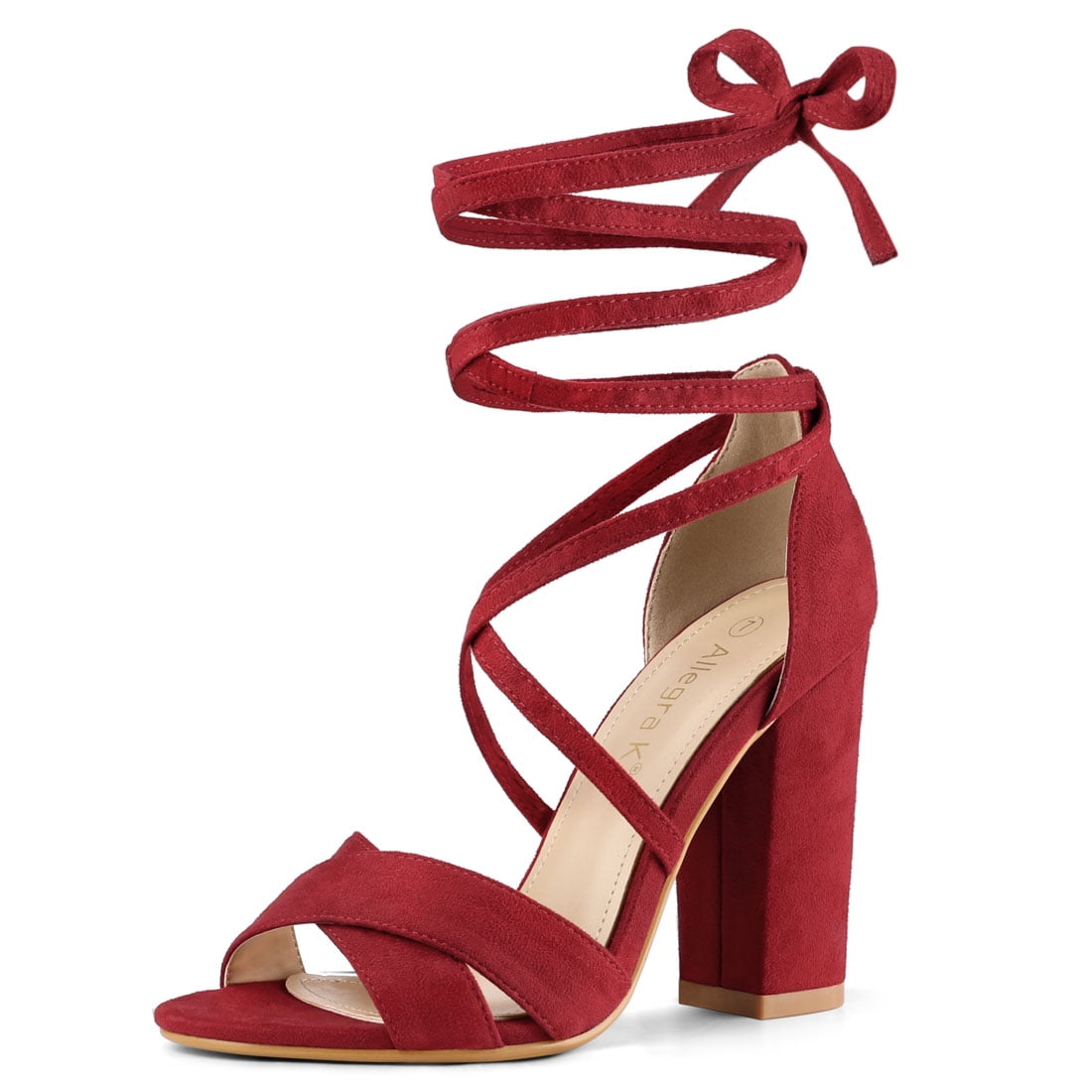 red tie up block heels