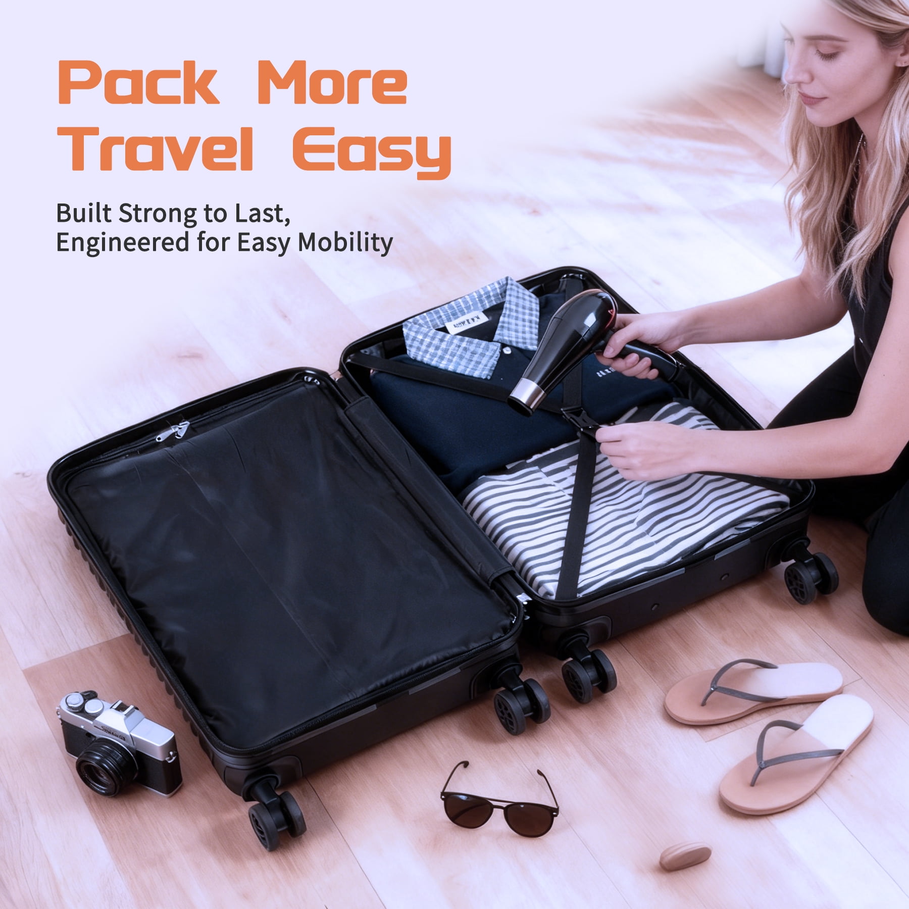 Rosamo Luggage Sets 3 Piece, HardsideTravel Suitcase with Spinner Wheels 20/24/28" , Carry on Luggage with TSA Lock(Black)
