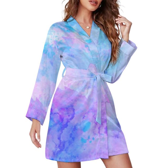 Colorful Splash Pajama Robe Abstract Ink Print Long Sleeve Casual Pajamas Robes Woman V Neck Cute Bathrobe Autumn Design Dress