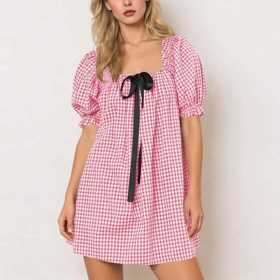 Pounoo Plaid Mini Dresses for Women Bow Tie Front Square Neck Short Puff Sleeve Mini A-Line Dress Trendy Going Out Boho Party Clubwear Gift