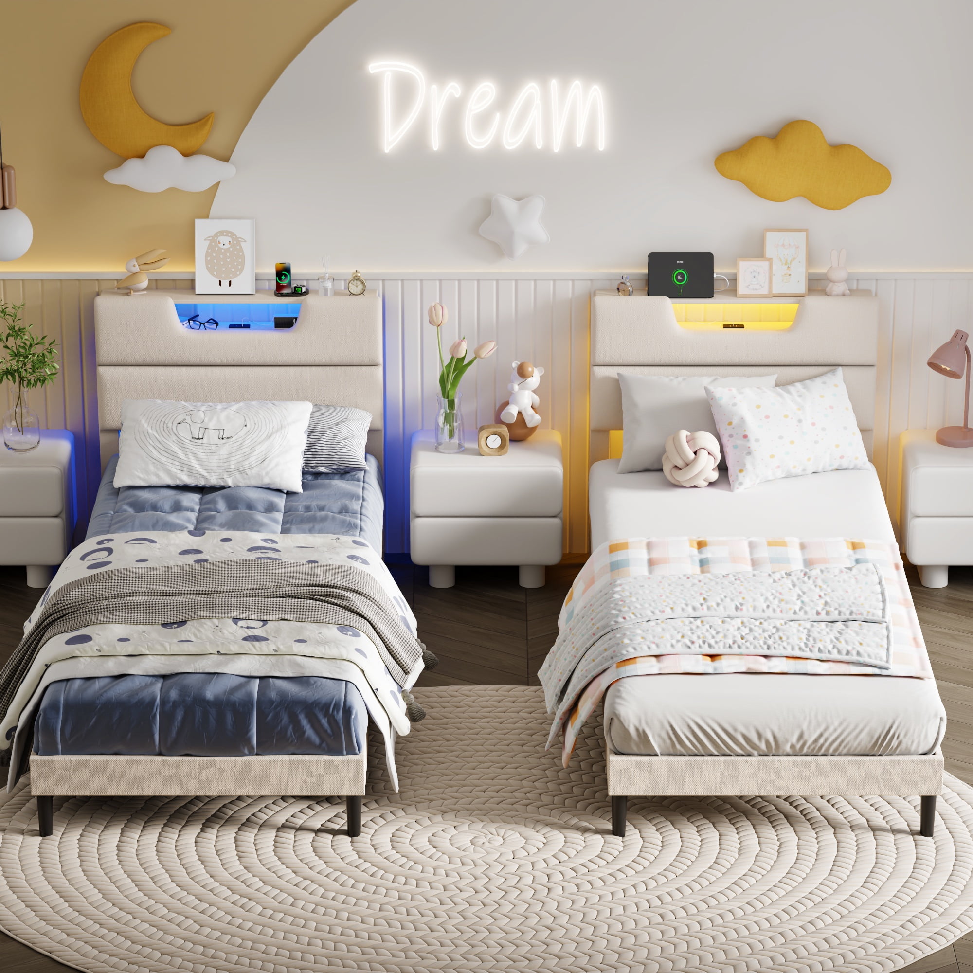 Tydimor Beige Fine Linen Fabric Bed Frame with LED Lights & Charge Station, Twin Size Bed Frame with Upholstered Headboard, No Box Spring Needed