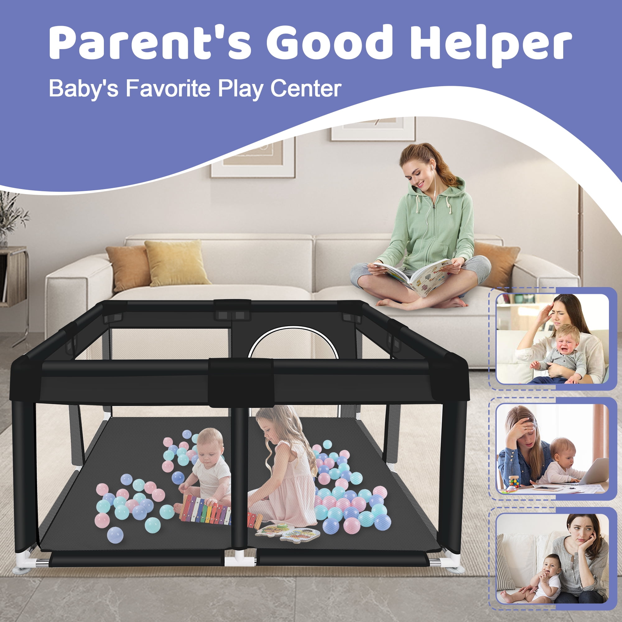 Baby Playpen, HDJ 50*50 inch Baby Play Yard with Soft Breathable Mesh and Anti-Slip Base, Baby Fence Infant Playard for Boy and Girls, Black