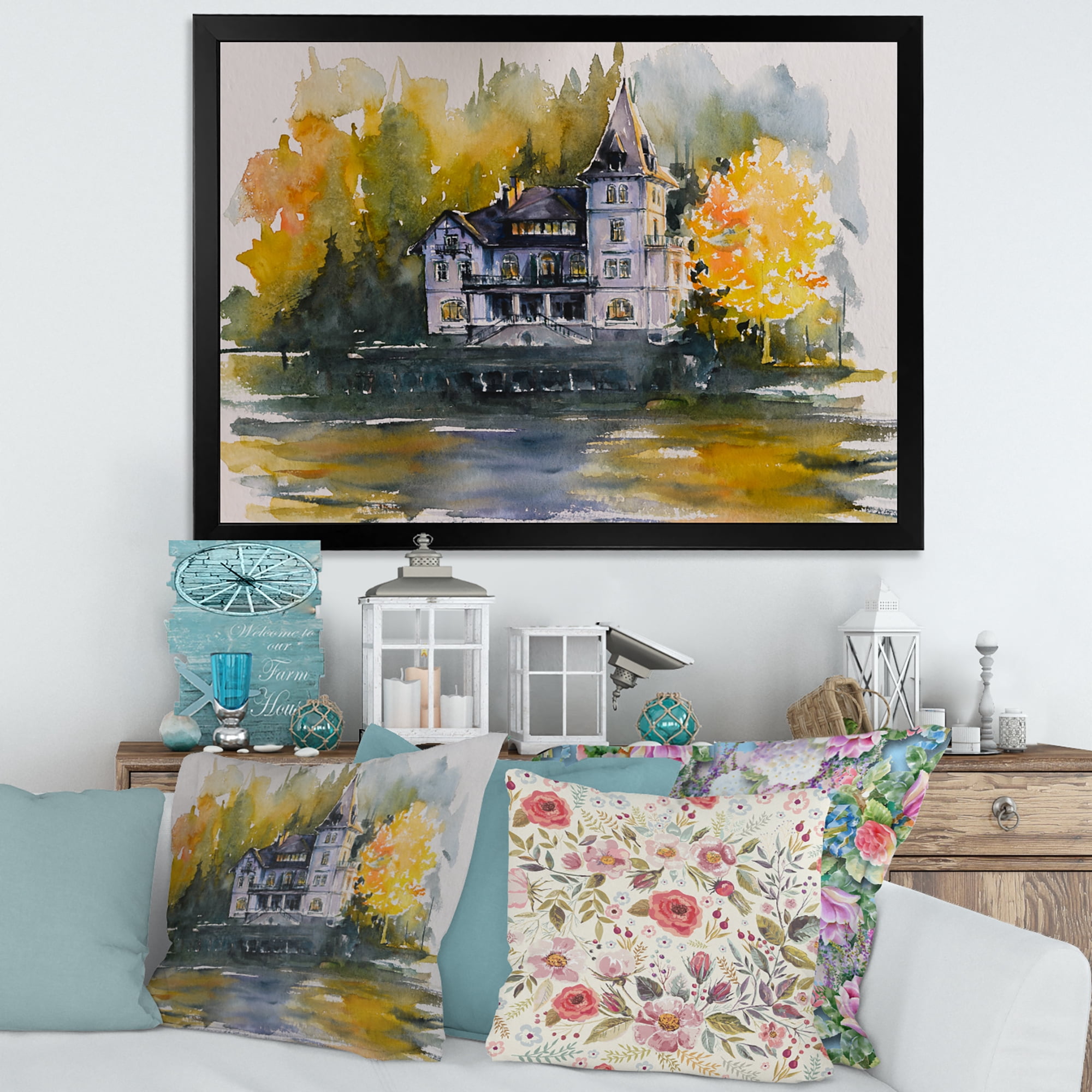 Designart 'Castle With Autumn Trees By The Lake' Lake House Framed Art Print