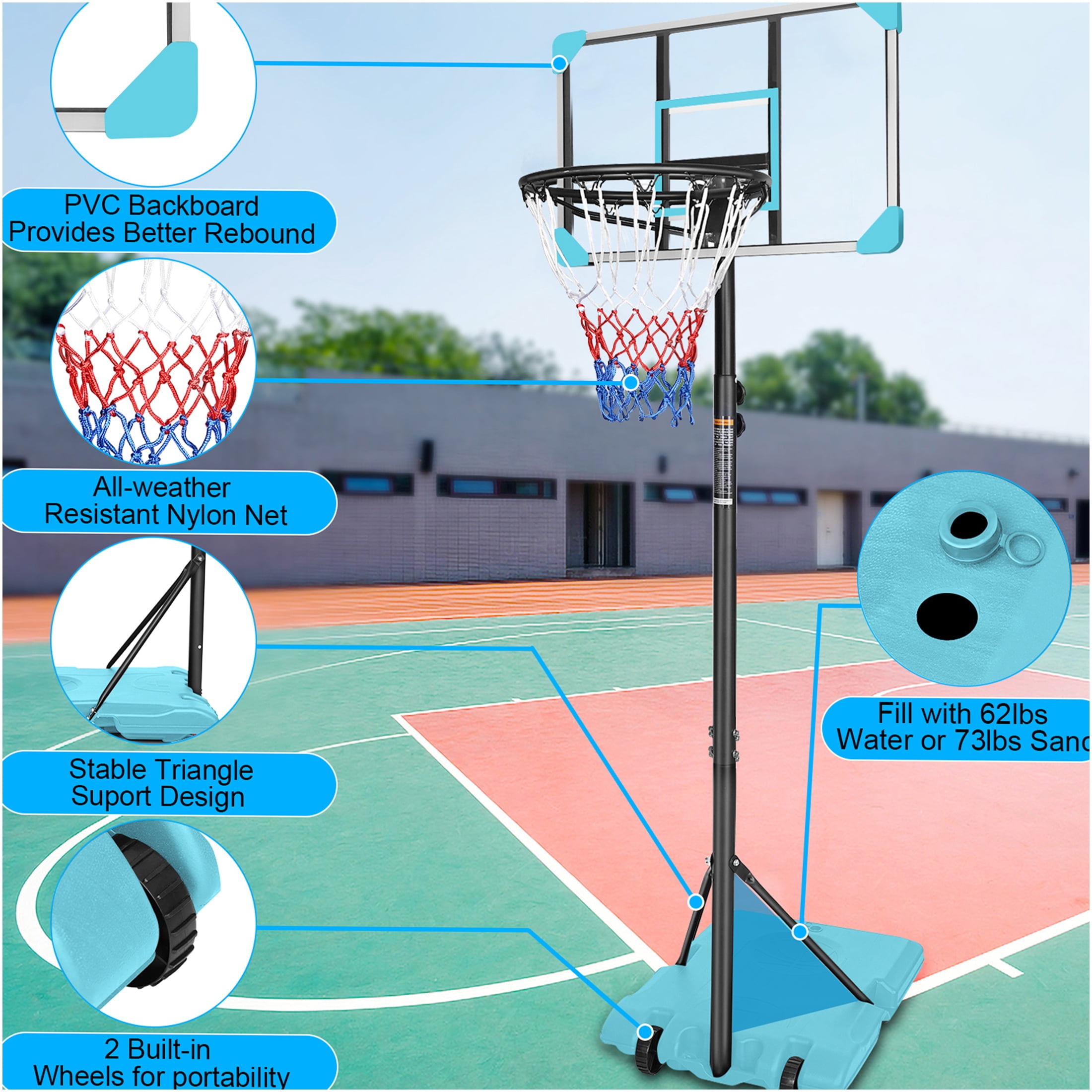 JERFIT 5.6ft-7ft Height Adjustable Portable Basketball Hoop with Wheels, 28" Backboard, Indoor Outdoor Use for Kids Youth Teenagers, Blue
