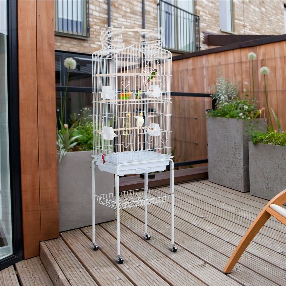 Yaheetech 64"H Open Top Metal Bird Cage Large Parrot Cage w/ Double Doors & Rolling Stand for Budgie Parrot Canary Cockatiel, White