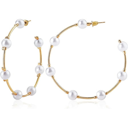 Pearl Hoop Earrings Round Loop Earrings Open Hoops Earrings Gold Hoop Earrings with Shell Bead Fashion Ear Jewelry Gifts for Women