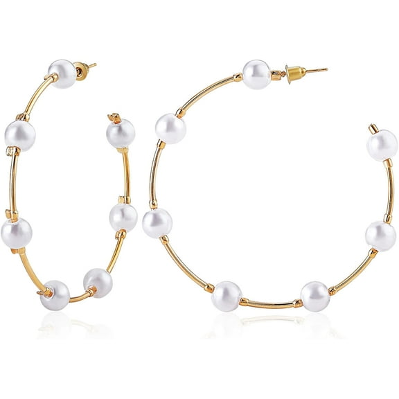 Pearl Hoop Earrings Round Loop Earrings Open Hoops Earrings Gold Hoop Earrings with Shell Bead Fashion Ear Jewelry Gifts for Women