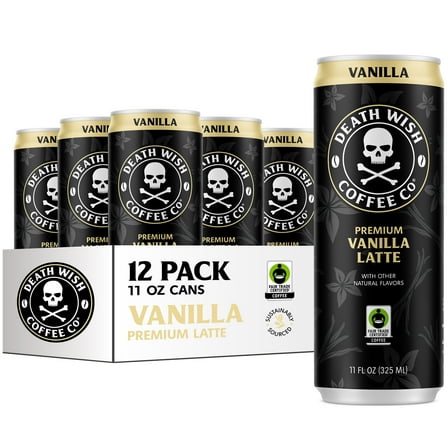 Death Wish Coffee Co., Premium Vanilla Latte, 100% Colombian Cold Brew Fair Trade™ Coffee, 11 Fl oz Can, 12-pack