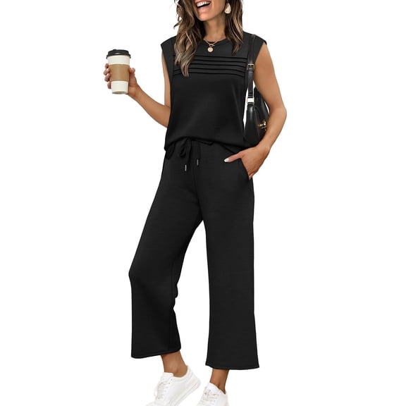 2 Piece Lounge Sets for Women Summer Travel Vacation Outfits Cap Sleeve Side Slit Lounge Tops and Wide Leg Pants