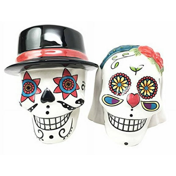 Traditional Wedding Couple Sugar Skulls Day Of The Dead Salt Pepper Shakers Set
