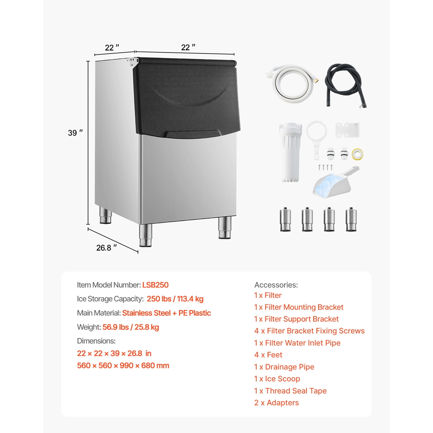 KFFKFF 250Lbs/24H Commercial Ice Maker Storage Bins Stainless Steel Anti-Slip Rubber Feet, Storage Bins ONLY