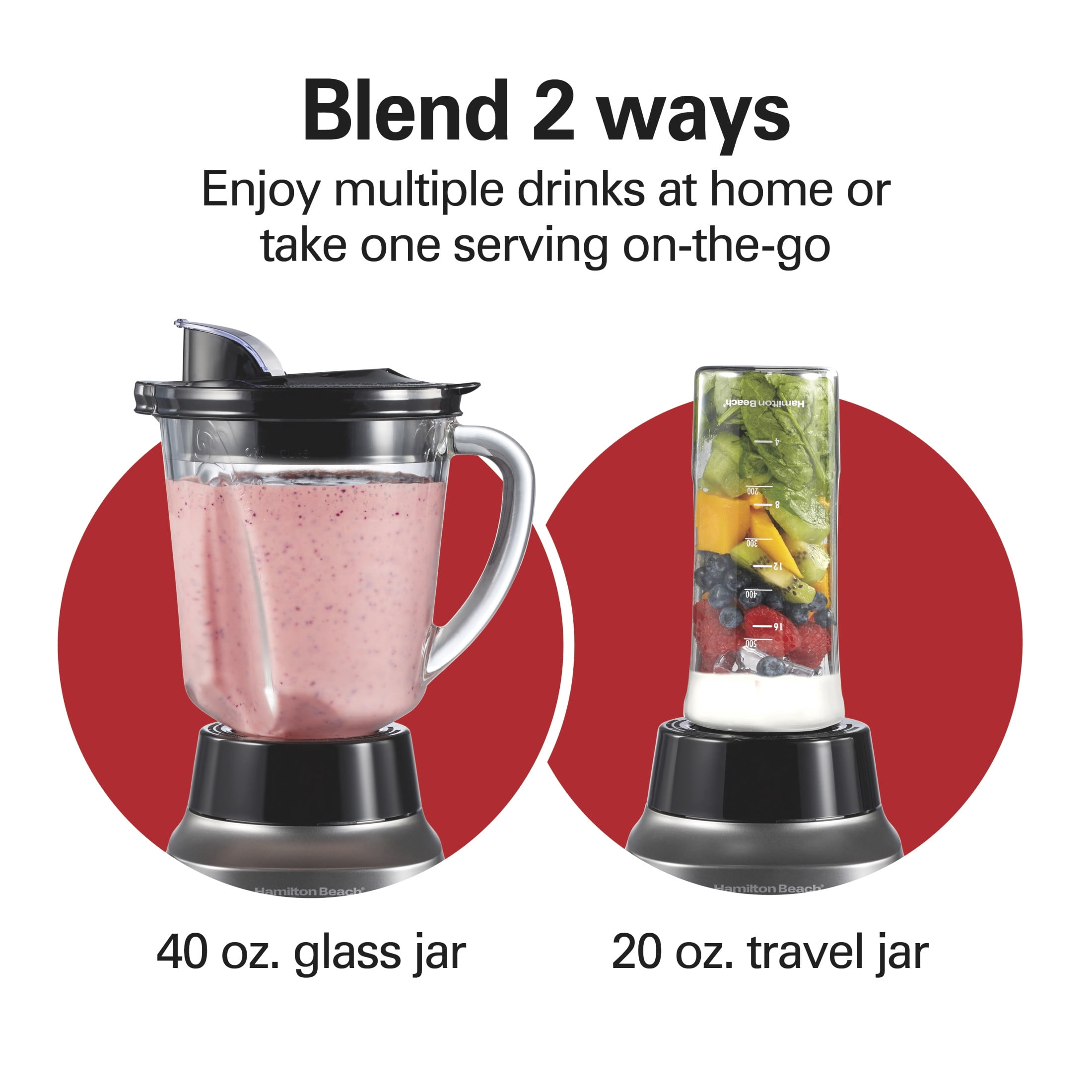 Hamilton Beach Wave Crusher Smoothie Blender for Kitchen, 40 oz Jar for Smoothies and Shakes with 20 oz Travel Jar, Gray