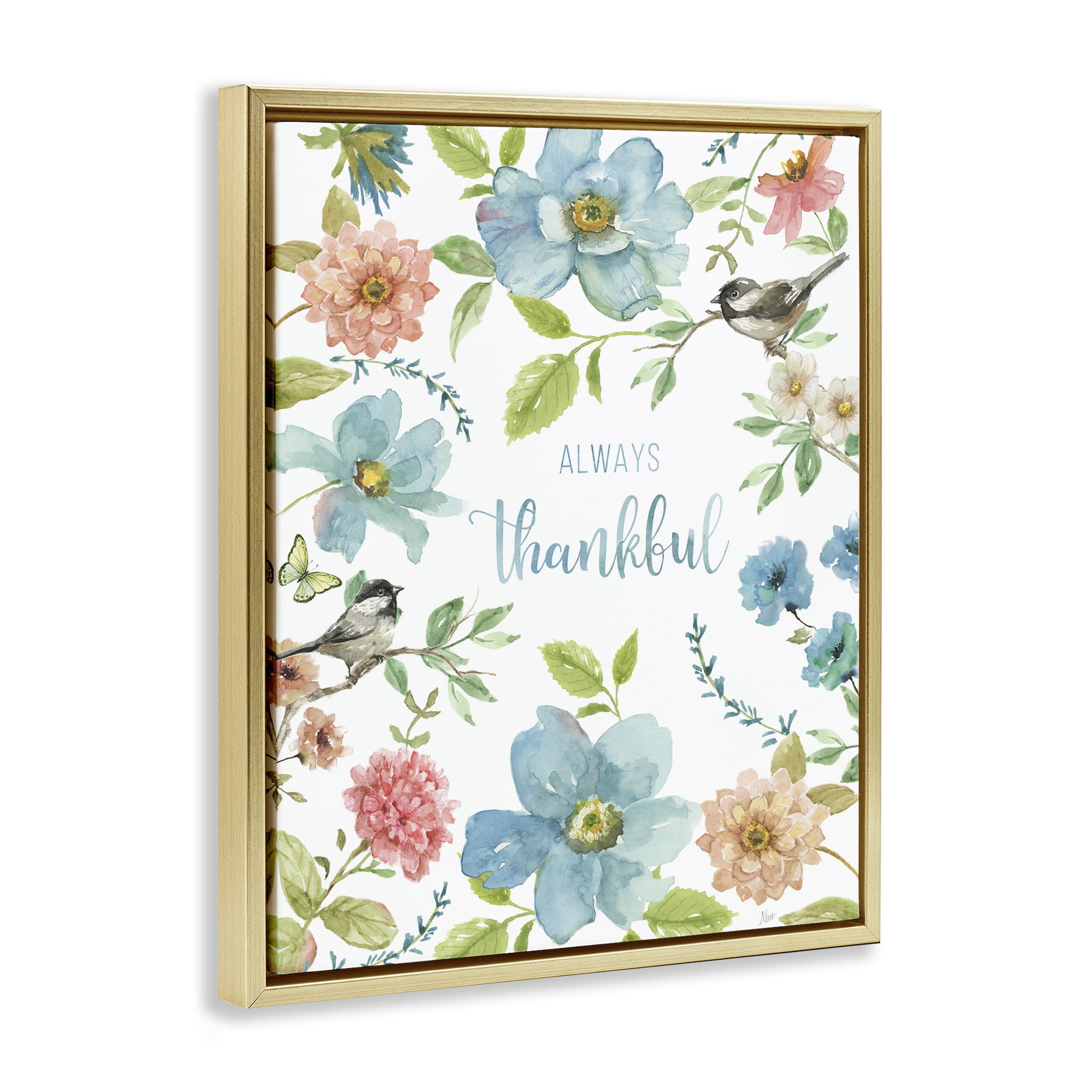 Stupell Industries Always Thankful Pink & Blue Gold Framed Floater Canvas Wall Art, design by Nan