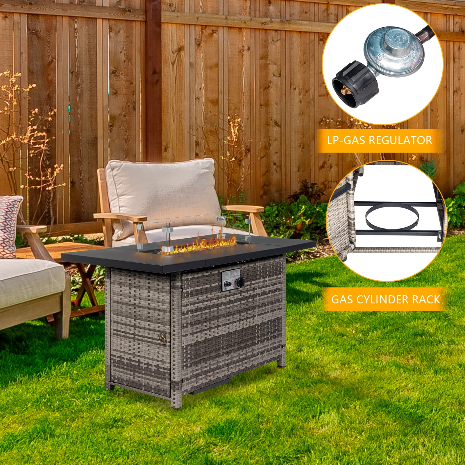 43" Propane Fire Pit with Wind Guard, 50,000 BTU Auto-Ignition Fire Pit Table, Gray Wicker Fire Pit with Glass Rock, Waterproof Cover and Steel Lid for Outside, Garden, Backyard