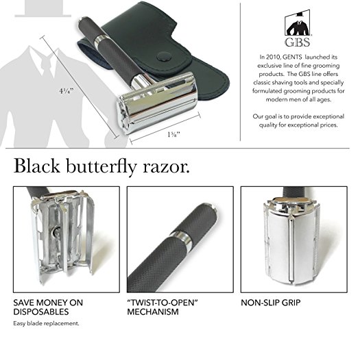 Double Edge Safety Razor Long Black Handle Travel Case and 10 DE