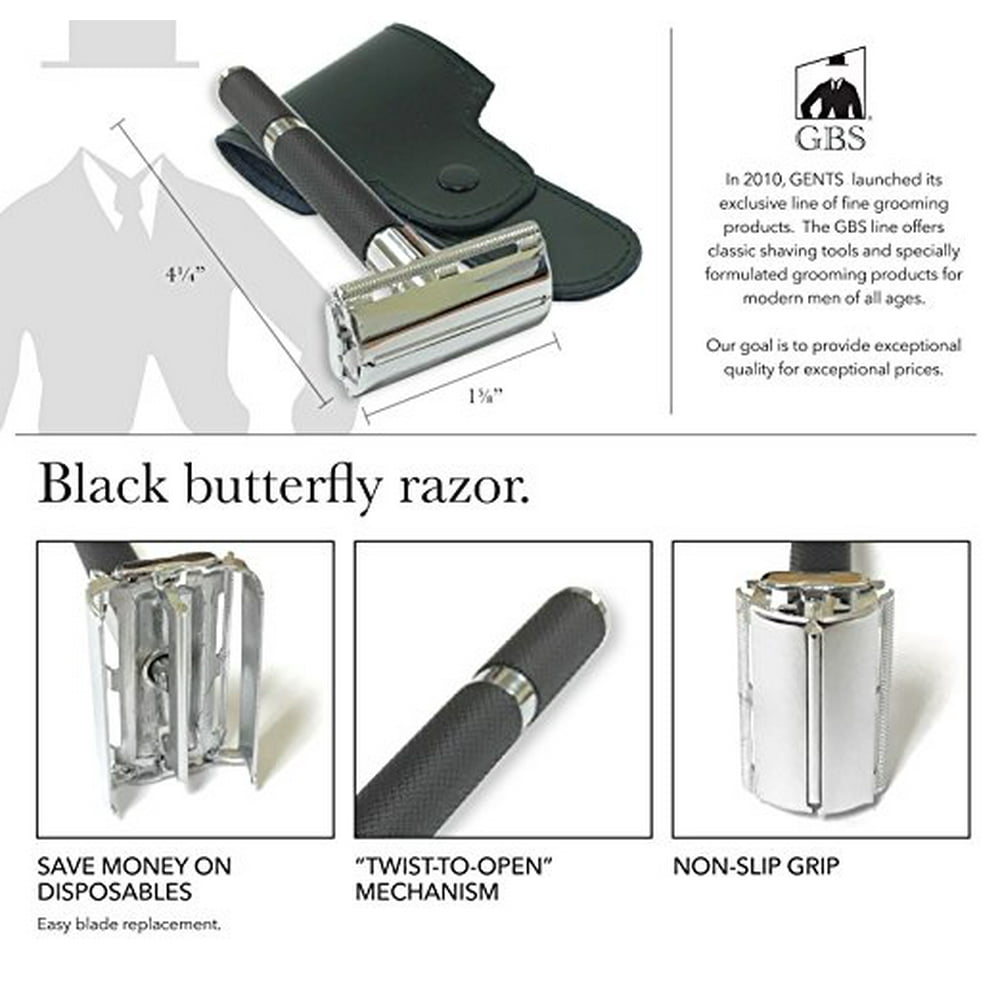 Double Edge Safety Razor Long Black Handle Travel Case and 10 DE blades Included + Gift Box