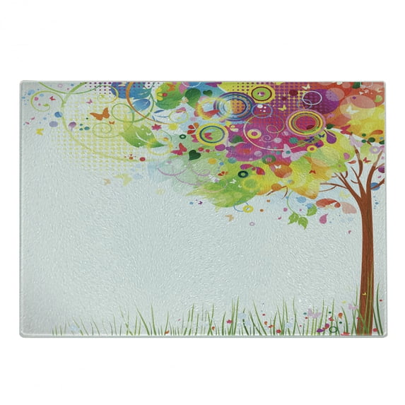 Tree Cutting Board, Color Bursting Tree of Life Colorful Pastoral Creative Design Modern Style Art Print, Decorative Tempered Glass Cutting and Serving Board, Small Size, Multicolor, by Ambesonne