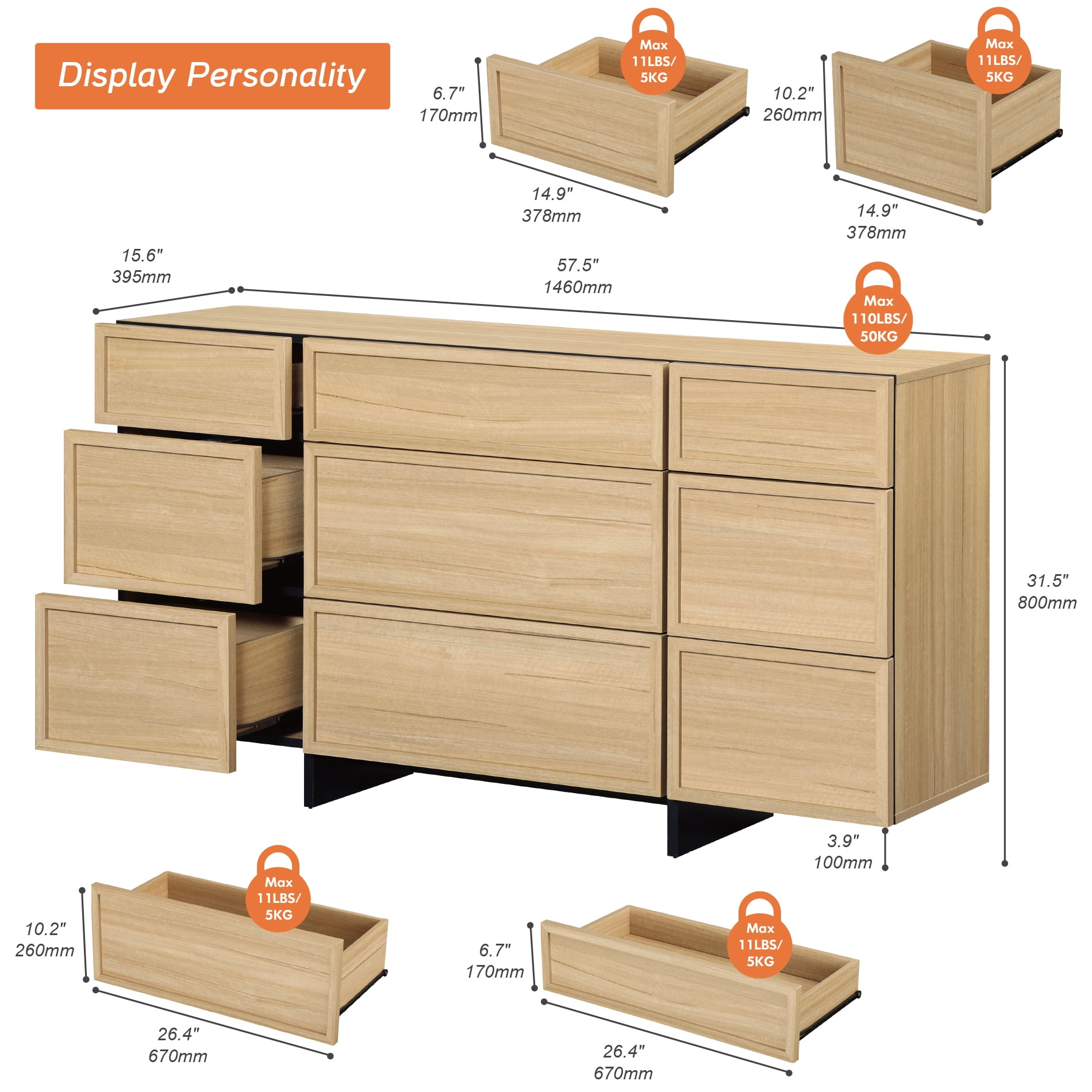 WAMPAT Modern 9-Drawer Wooden Dresser with Sturdy T-Shaped Wood Legs, Chest of Drawers & Closet Organizer for Bedroom, Hallway & Living Room Storage
