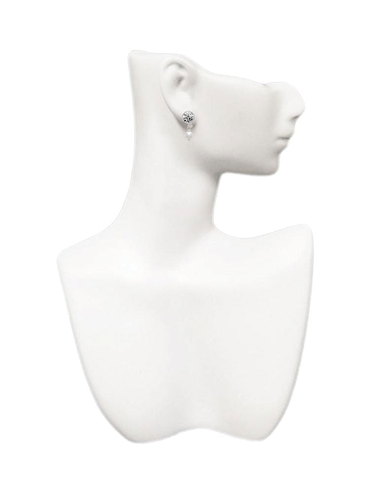 Silvertone 6mm Glass Imitation Pearl Bead Drop Clear Crystal Clip On Earrings