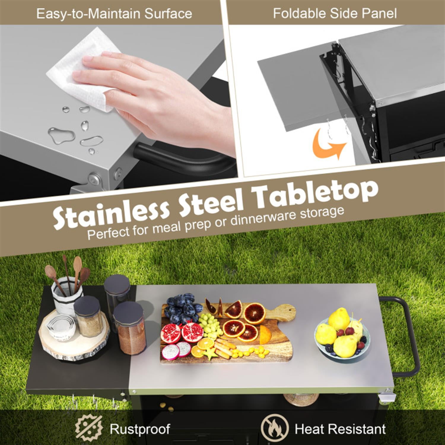 Demi Bonn Outdoor Grill Cart with Storage and Folding Stainless Steel Top for Poolside and Backyard, Black