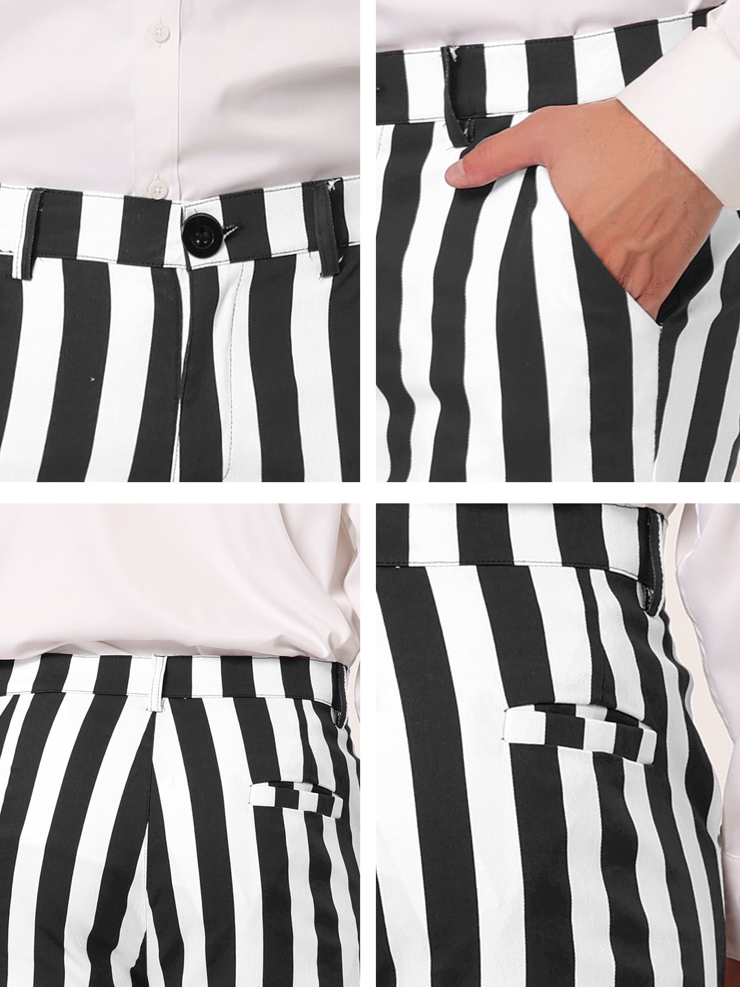 Unique Bargains Men's Striped Pants Business Skinny Fit Color Block Trousers 32 Black White