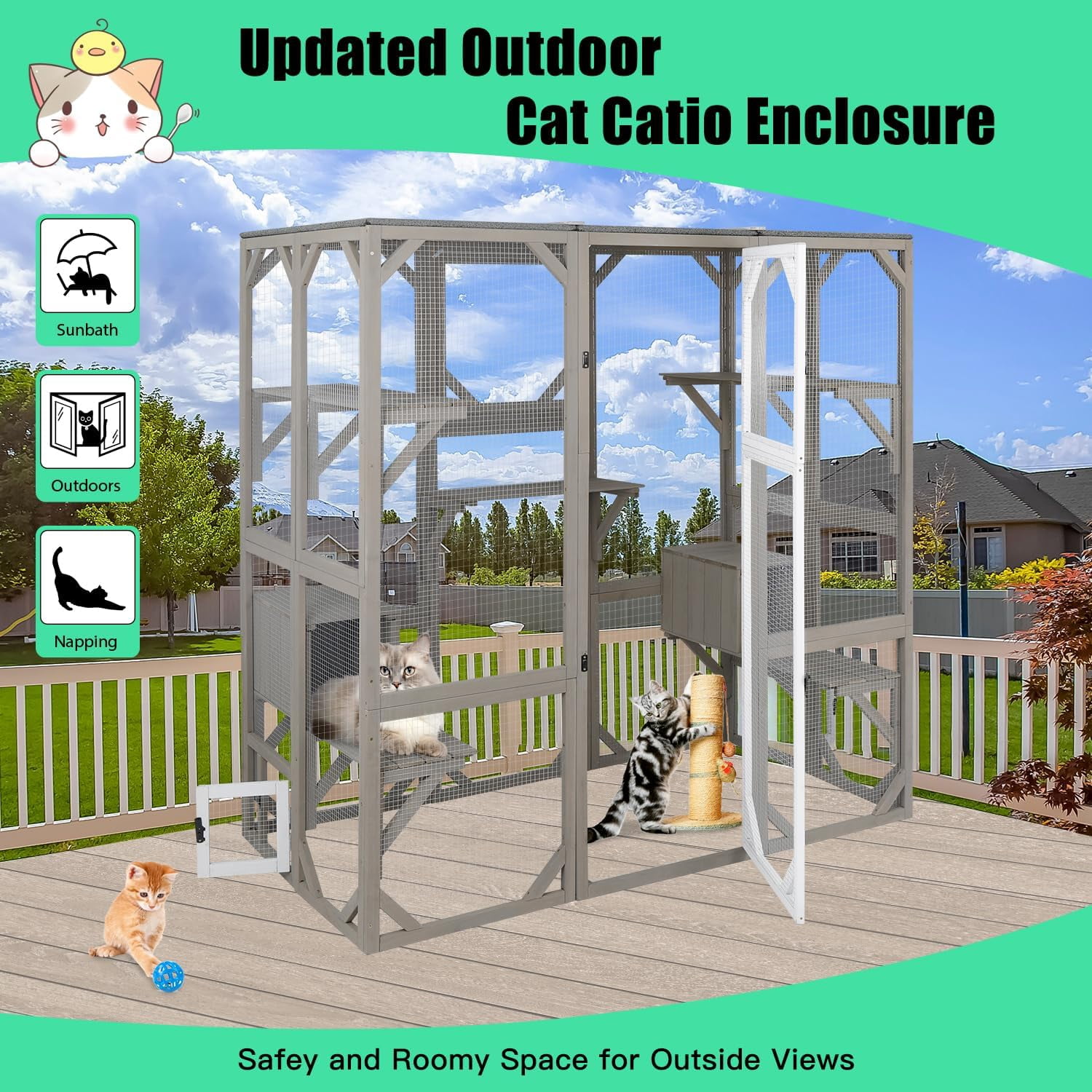 PETSCOSSET 71" Large Outdoor Catio Cat Enclosures Wooden Outside Cat's Patio Cats House