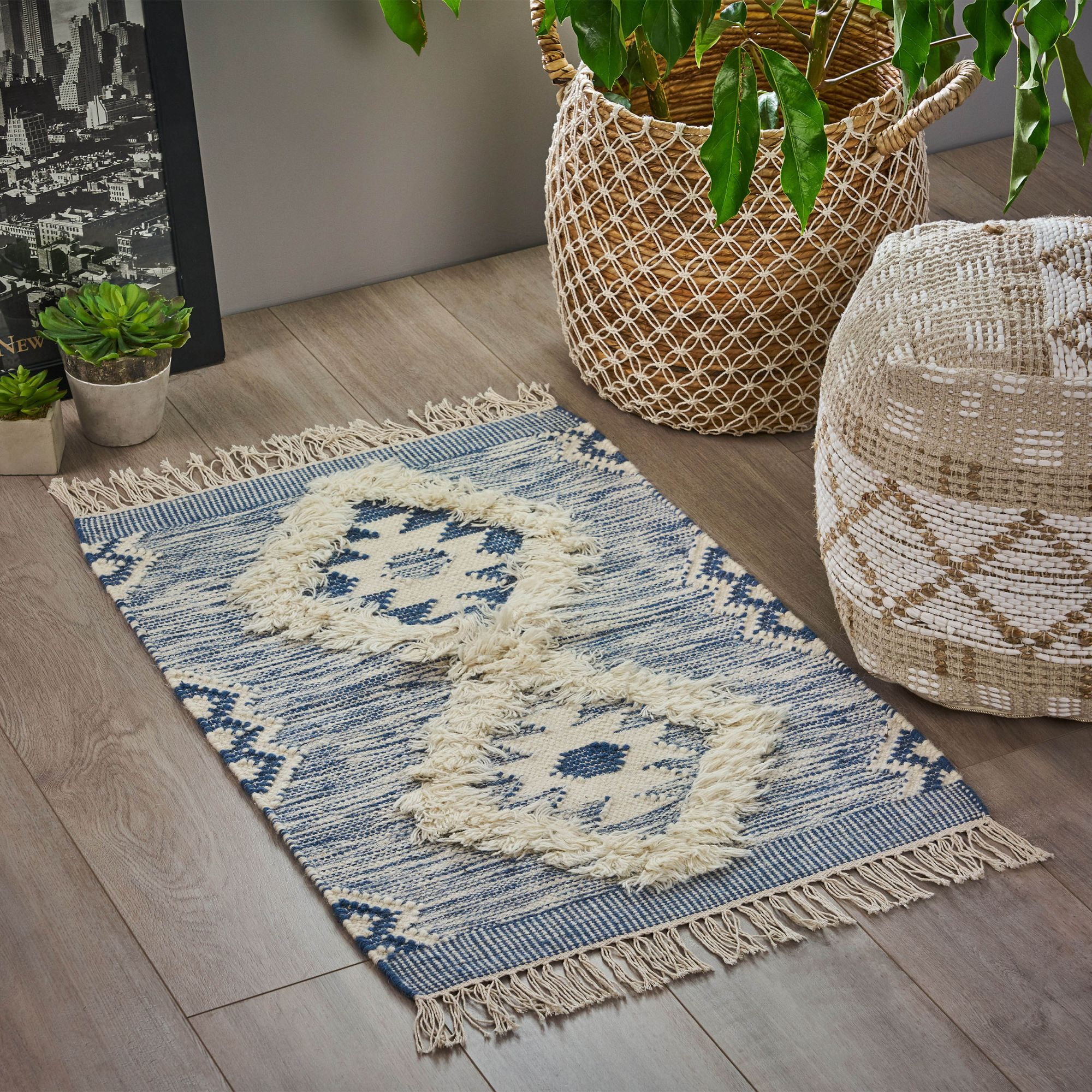 2' x 3' Blue and White Rectangular Area Throw Scatter Rug with Tassels