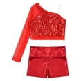 thumbnail image 3 of YONGHS Girls Jazz Hip Hop Dance Outfits Sequins One Shoulder Crop Top with Shorts Set Red 12, 3 of 7