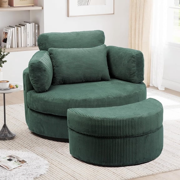 MEISSALIVVE Swivel Barrel Chair with Storage Ottoman & USB Port, 360° Lounge Chair with 4 Pillows, Corduroy Fabric, Green Accent Chair for Living Room