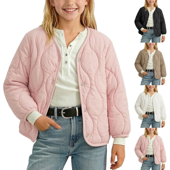 BXJX Girls Quilted Jackets, Warm Long Sleeve Button Down Lightweight Outerwear with Pockets Pink Size 7-8 T