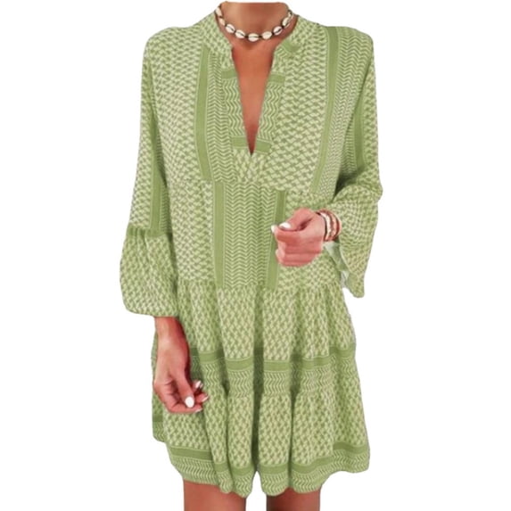 Uhndy Women's Geometric Print Pleated Mini Dress, Geometric Print Dress, Women's Mini Dress, V Neck, Long Sleeve Dress Green M