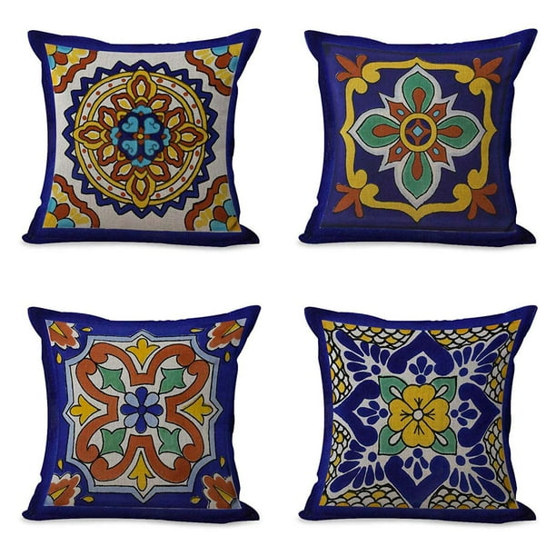SUFAM Set of 4 Pillow Cases Spanish Talavera Exotic Geometry Dark Retro