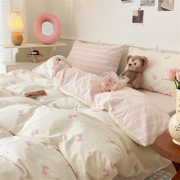 Pink Bowknot Duvet Cover Set Queen Pink White Striped Bedding Set Cute Bow Dot Comforter Cover with Zipper Closure