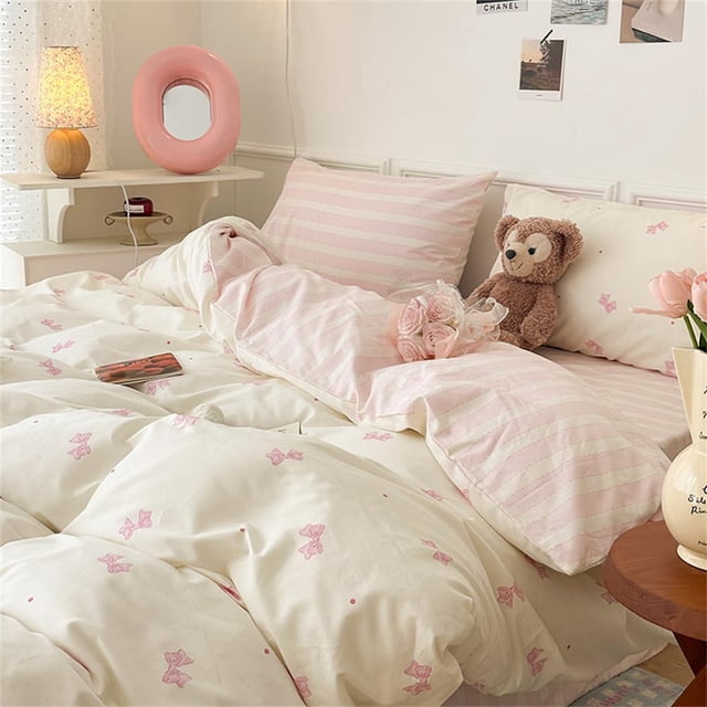 Pink Bowknot Duvet Cover Set Queen Pink White Striped Bedding Set Cute Bow Dot Comforter Cover with Zipper Closure