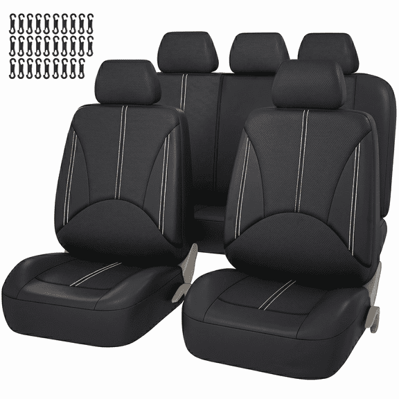 FLORAY Car Seat Covers for Compact Sedans, PU Leather 9-Piece Full Set, Front and Solid Rear Bench, Airbag Compatible, Black