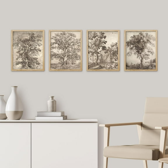 PixonSign Framed Wall Art Forest Tree Sketches Sepia Duotone Wilderness Prints, Set of 4 Nature Plants Paintings, Minimalism Wall Décor, Adhesive Canvas Poster for Home Decor - 11"x14" Natural