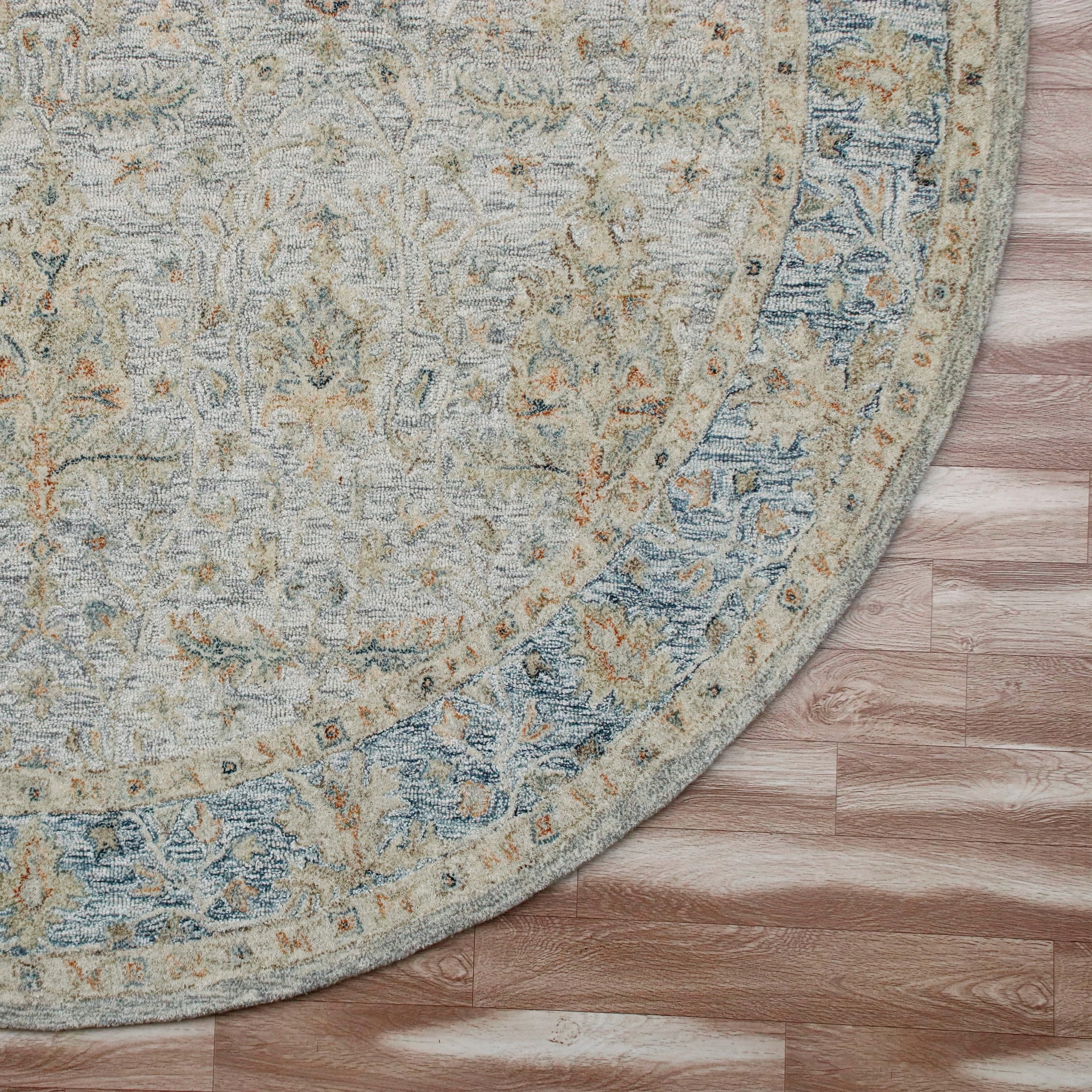 LR Home Viane Credo Blue/Taupe Vintage Floral Wool Round Rug, 8'6" Round