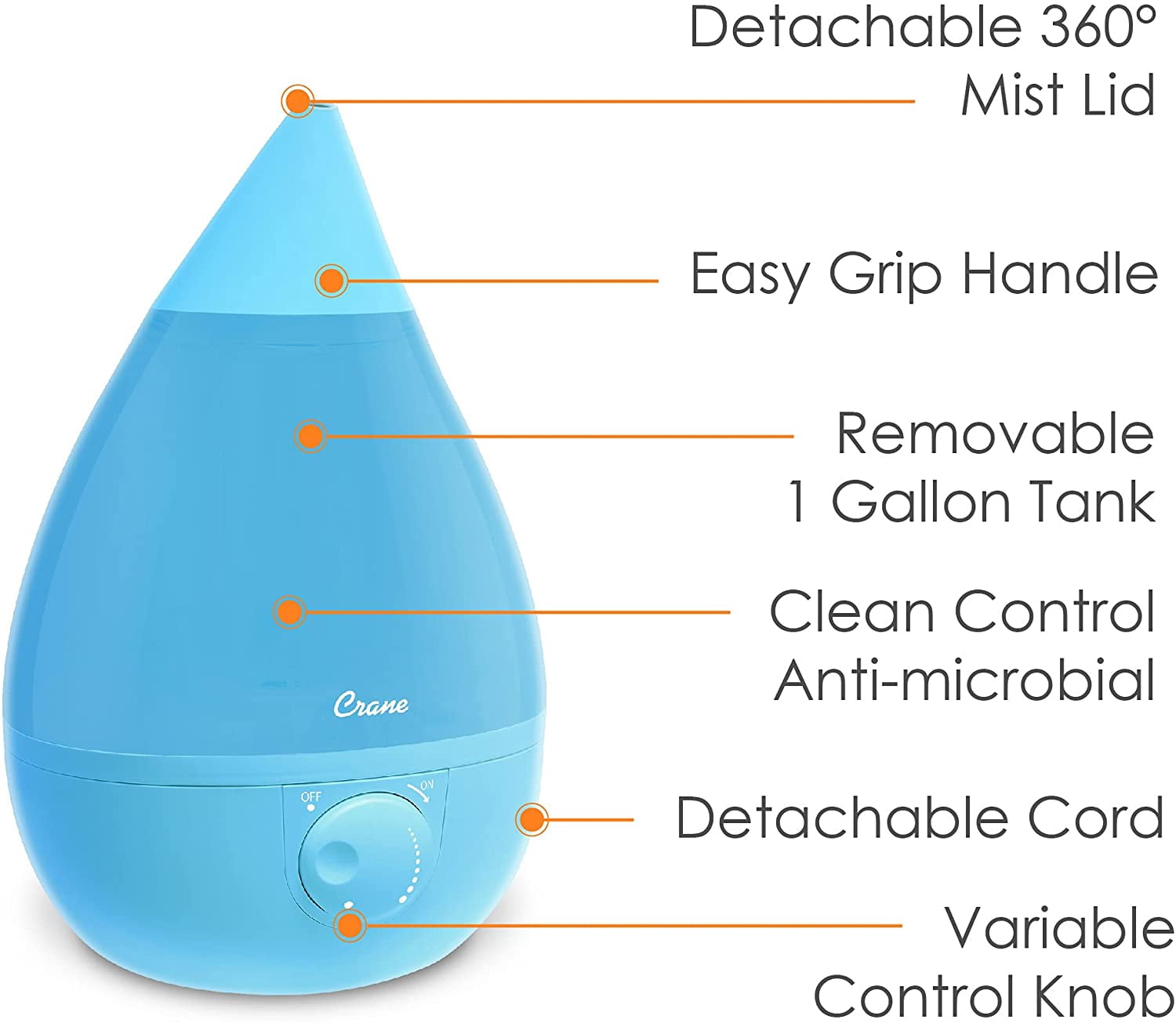 Crane - Drop Ultrasonic Cool Mist Humidifier Aqua - EE-5301B, Aqua